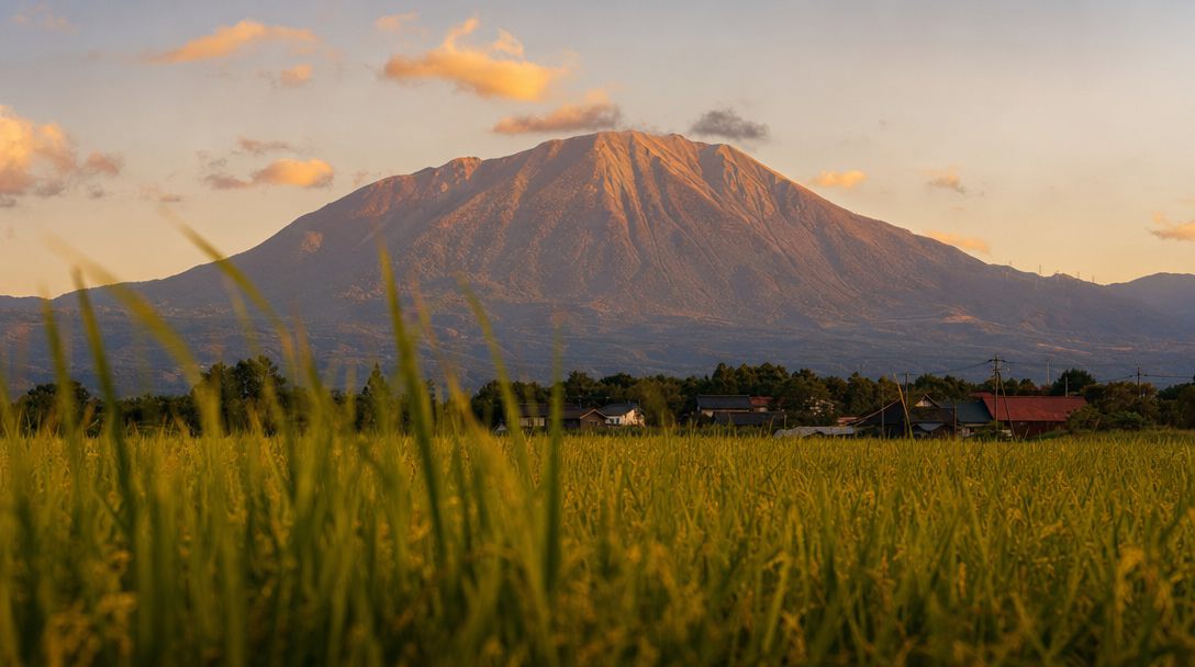 夕日に染まる大山と田園風景